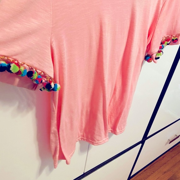 Shein Pink Pom Pom Trimmed Sleeve Tee Shirt - Picture 10 of 15